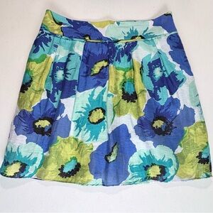 LOFT Skirt Womens 2 Petite Blue Green Floral Linen Blend Lined Cottage A Line